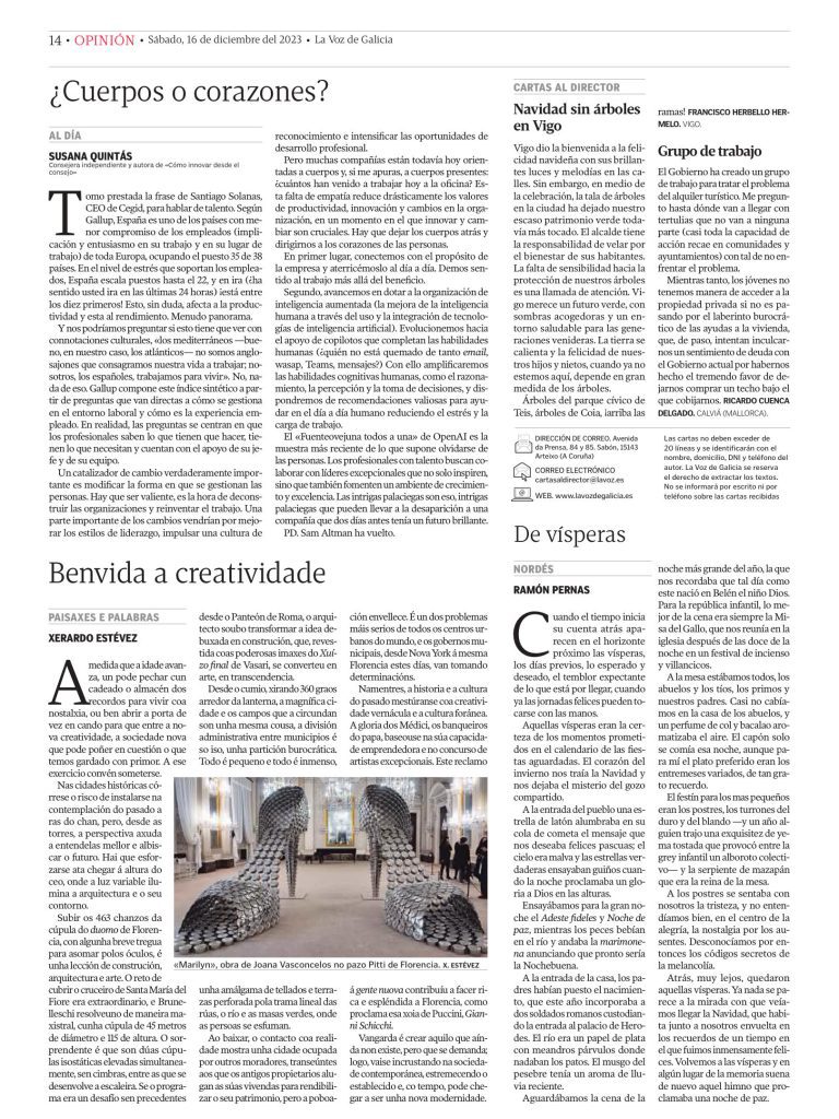 Imagen de la tribuna en la Voz de Galicia de Susana Quintás consejera independiente titulado ¿Cuerpos o Corazones?