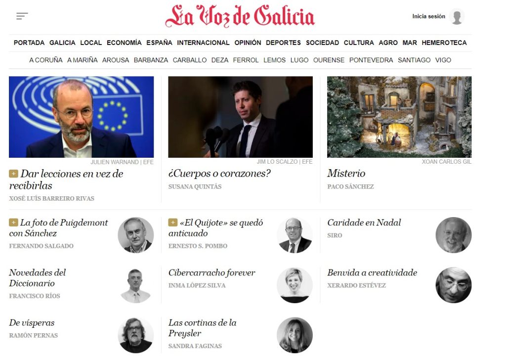 La imagen representa la portada de La Voz de Galicia en su sección de Opinión para el artículo Cuerpos o Corazones