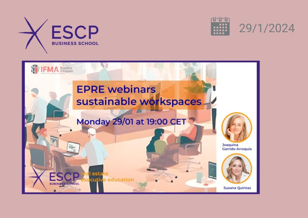 Imagen con el fondo del Playbook La Oficina Sostenible para anunciar un webinar en el que dialogamos Joaquina Garrido y Susana Quintás como expertas en sostenibilidad y workplace