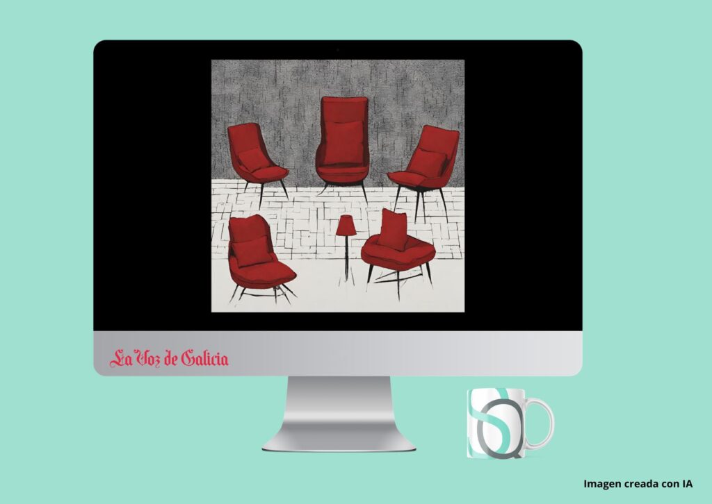 Esta foto está hecha por inteligencia artificial y representa 5 sillones de color rojo