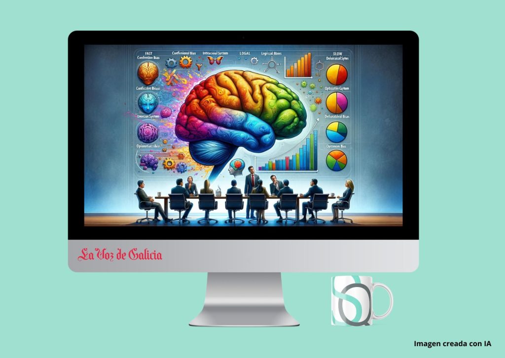 Imagen generada con IA.una ilustración que visualiza los conceptos discutidos en el artículo sobre la toma de decisiones y los sesgos cognitivos. Muestra un cerebro humano dividido en dos partes contrastantes junto a figuras en un entorno corporativo, integrando elementos que simbolizan sesgos cognitivos comunes. Esta imagen busca reflejar la naturaleza dual del pensamiento humano y la importancia de hacer pausas para mejorar la toma de decisiones.