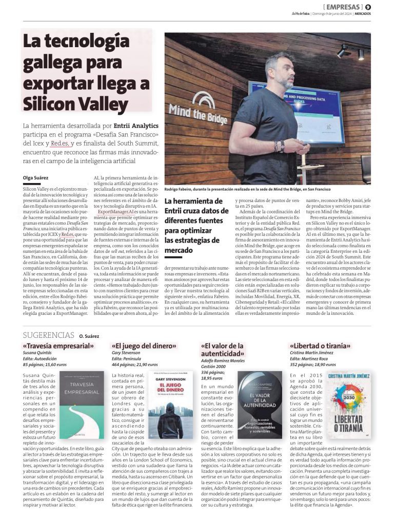 La imagen muestra una página del suplemento de mercados de La Voz de Galicia del 9 de junio de 2024. Destaca el libro "Travesía empresarial" de Susana Quintás, que recopila sus tribunas en La Voz de Galicia, ofreciendo análisis profundos y soluciones prácticas para los desafíos empresariales actuales. La sección de sugerencias de libros incluye una reseña elogiosa de "Travesía empresarial", destacando su relevancia y su impacto en el ámbito empresarial.