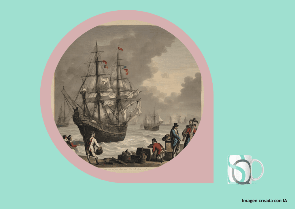 Imagen de un barco mercante en un puerto del siglo XVIII con comerciantes portugueses cargando sacos de té. Ilustra la historia del origen del término "tea" y destaca la importancia de comprender profundamente las dinámicas del mercado y las necesidades del consumidor en la transformación digital y el management.
