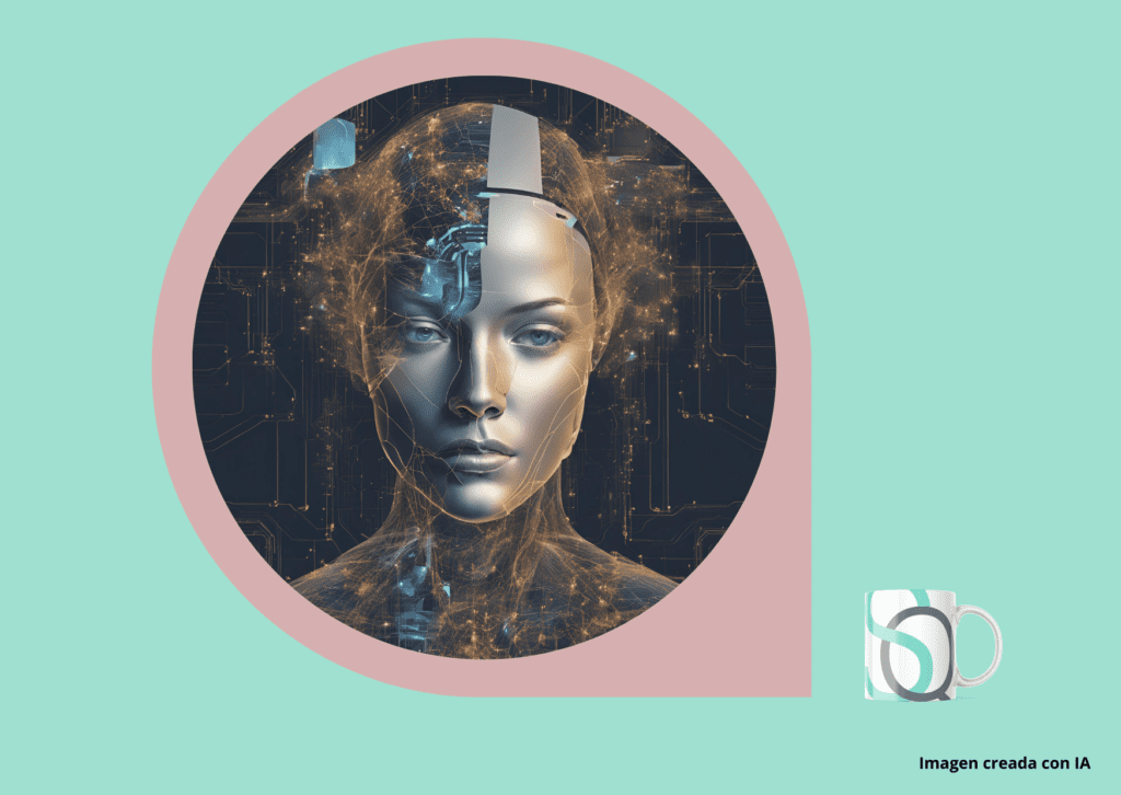 Esta imagen ilustra el artículo titulado "Inteligencia Artificial: ¿Revolución Laboral o Amenaza?". Muestra una representación artística de un rostro humanoide fusionado con elementos tecnológicos y circuitos, simbolizando la integración de la inteligencia artificial en el ámbito laboral. La imagen destaca una figura femenina con una apariencia futurista y partes del cráneo abiertas, revelando un entramado de luces y conexiones electrónicas. La imagen sugiere el avance tecnológico y sus posibles impactos en el trabajo y la sociedad. En la esquina inferior derecha, hay una taza con un diseño minimalista y el texto "Imagen creada con IA" en la parte inferior derecha.