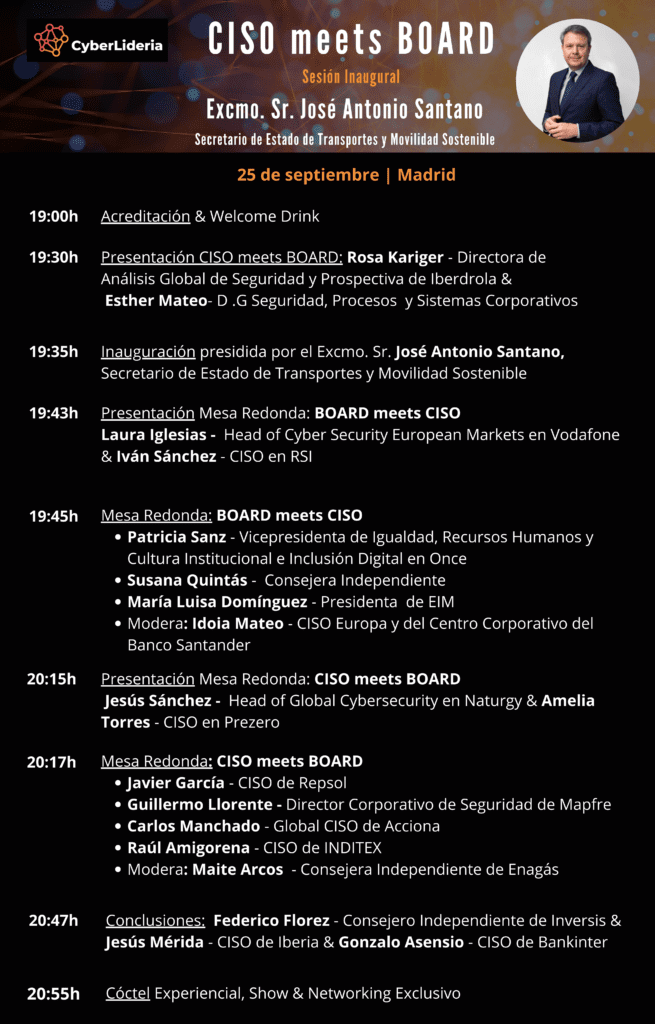 La imagen muestra la agenda del evento "CISO meets BOARD", celebrado en Madrid, centrado en la colaboración entre CISOs y Consejos de Administración. Incluye mesas redondas con líderes de ciberseguridad y consejeros independientes, como Susana Quintás, para abordar la integración estratégica de la ciberseguridad en las empresas.