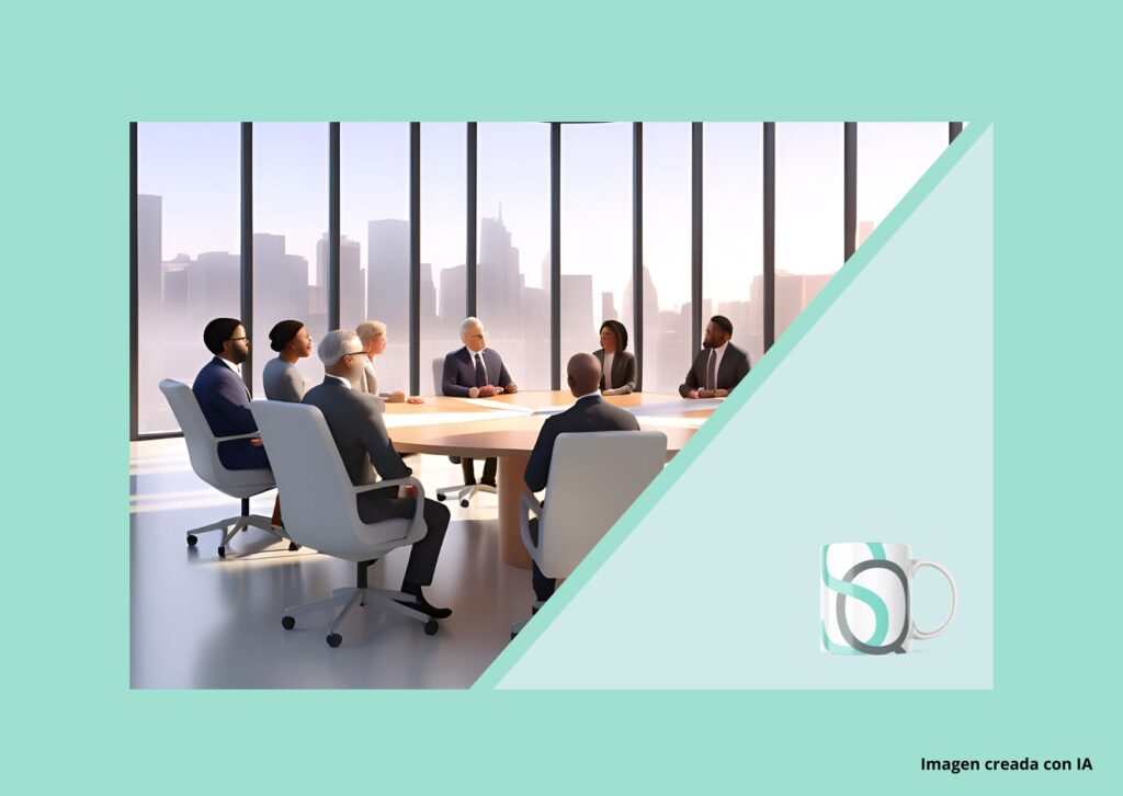 sta imagen muestra una reunión de alto nivel en una sala de juntas moderna, con vistas a una ciudad de fondo. Los miembros del consejo, que representan la diversidad en género y etnicidad, están sentados alrededor de una mesa circular, participando en una discusión estratégica. En el lado derecho de la imagen, se presenta un logotipo de una taza de diseño moderno con líneas suaves y colores en tonos verdes y grises, que representa el branding de la organización. Esta imagen transmite profesionalismo, colaboración y liderazgo dentro del entorno empresarial