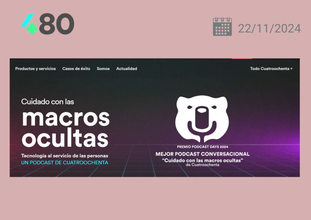 Imagen destacada del podcast 'Cuidado con las macros ocultas', un programa de Cuatroochenta que combina tecnología y servicio a las personas. Este podcast ha sido galardonado con el premio al Mejor Podcast Conversacional en los Podcast Days 2024. El diseño incluye un logotipo de oso estilizado con un micrófono, simbolizando la conversación y la innovación tecnológica.