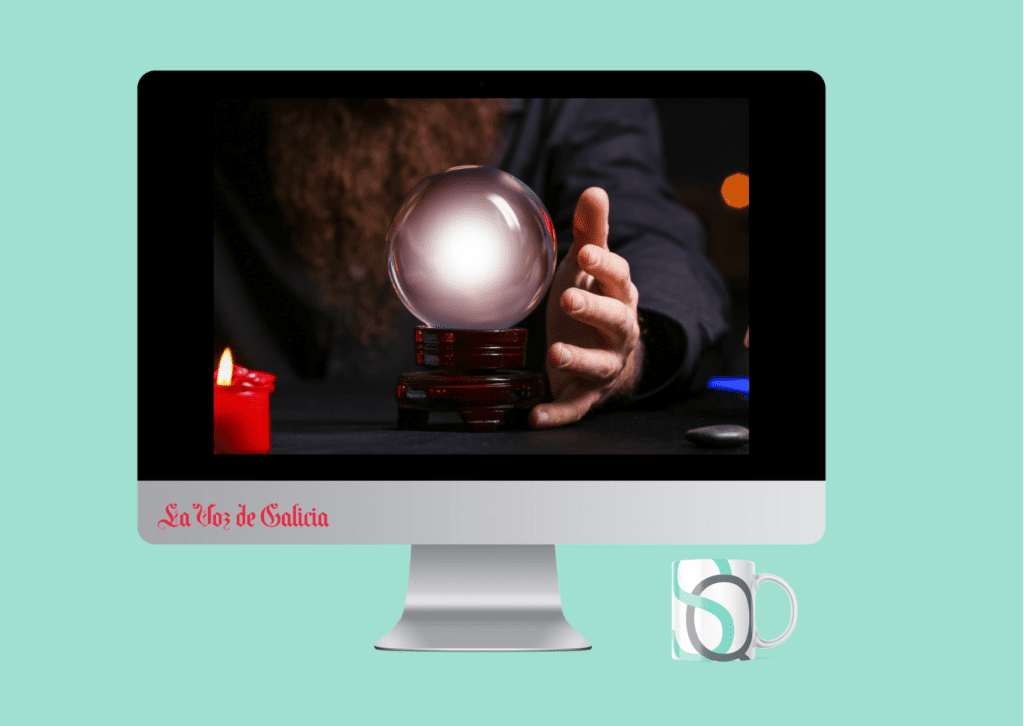 Imagen de una bola de cristal iluminada, simbolizando visión de futuro y estrategia, sobre la pantalla de un ordenador con el logo de La Voz de Galicia. La escena incluye detalles como una vela roja encendida y una mano en actitud de análisis, evocando planificación y toma de decisiones estratégicas. Esta representación conecta la innovación tecnológica con la capacidad de anticipar tendencias y desafíos en entornos profesionales