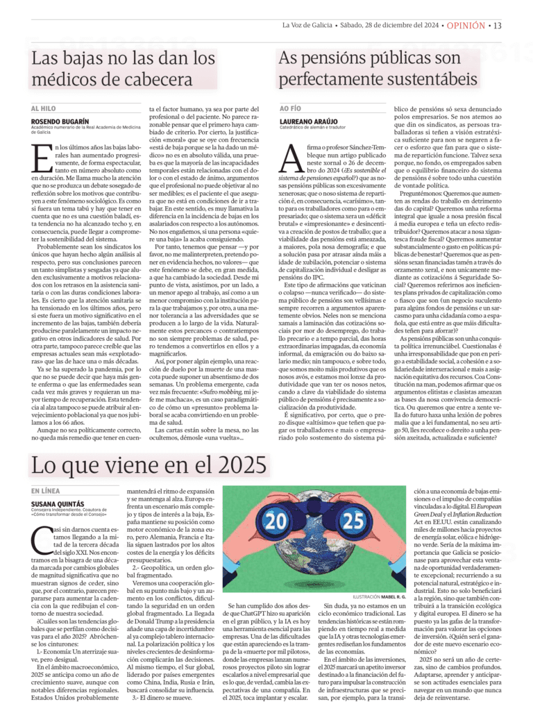 Artículo de Susana Quintás en La Voz de Galicia, titulado ‘Lo que viene en el 2025’, sobre tendencias económicas, sostenibilidad y estrategia empresarial para altos ejecutivos.