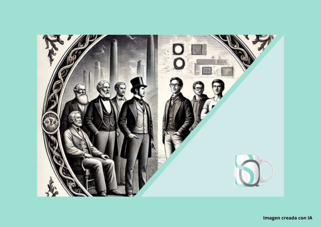 La imagen presenta una composición visual con un estilo dividido. La sección izquierda muestra una ilustración clásica en blanco y negro de un grupo de personas con vestimenta formal del siglo XIX, en un entorno arquitectónico con columnas. A la derecha, se representa un grupo de personas contemporáneas en un estilo similar, destacando un contraste generacional y cultural. La composición está enmarcada en un diseño gráfico minimalista con un fondo en tonos turquesa pastel. En la esquina inferior derecha aparece una taza con un diseño estilizado que incluye curvas modernas, complementando el contraste entre lo histórico y lo actual.