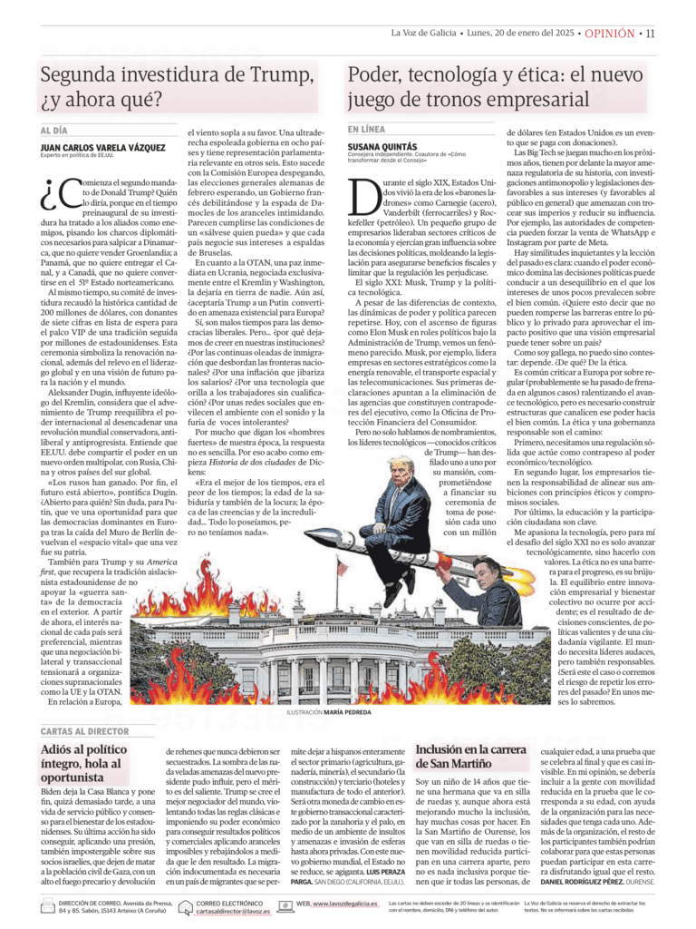 Artículo de opinión sobre liderazgo, tecnología y ética empresarial publicado en La Voz de Galicia, escrito por Susana Quintás, destacando las lecciones estratégicas de líderes empresariales y su influencia en la economía global y el marco regulatorio