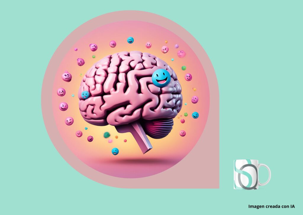 "Ilustración de un cerebro con colores vibrantes rodeado de esferas con emojis sonrientes, representando creatividad, inteligencia artificial y bienestar menta