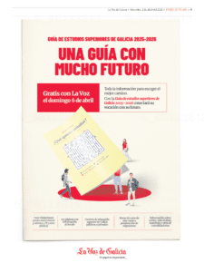 Portada de la Guía de Estudios Superiores de Galicia 2025-2026, acompañada de jóvenes en actitud proactiva y visual de un laberinto como metáfora de la toma de decisiones, publicada por La Voz de Galicia el 2 de abril de 2025.
