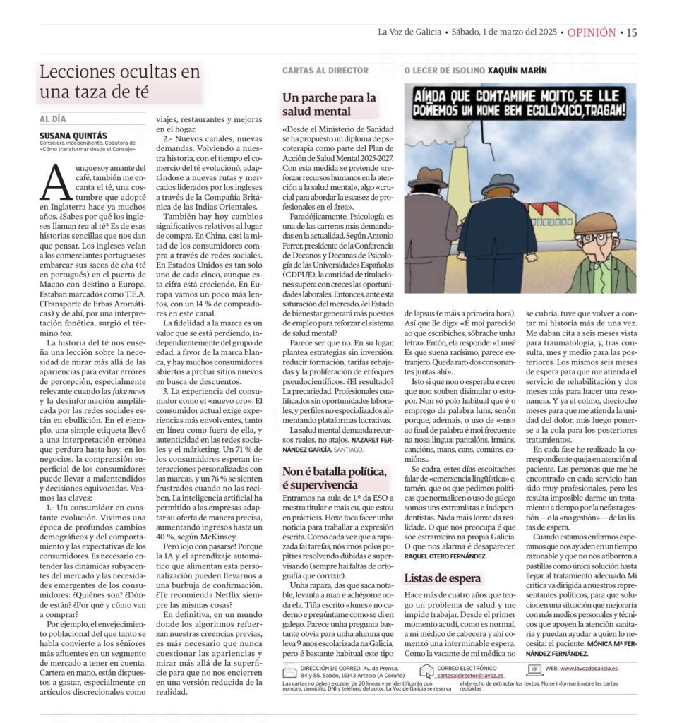 Edición en papel de La Voz de Galicia con el artículo de Susana Quintás, Lecciones ocultas en una taza de té, donde analiza percepción del consumidor, estrategia empresarial y evolución del consumo