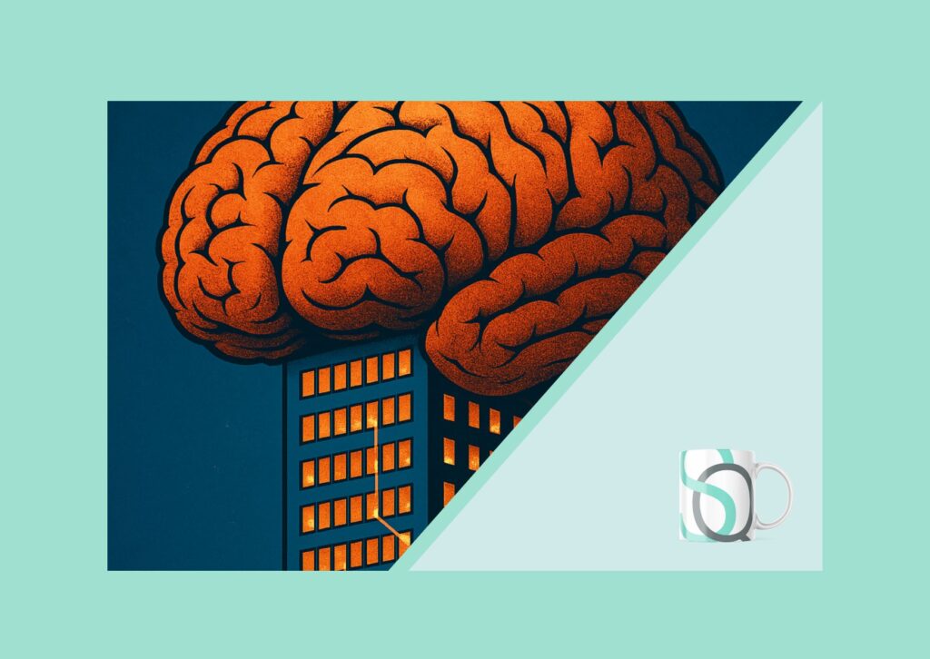 "Ilustración conceptual de una oficina corporativa con forma de edificio cuya parte superior se transforma en un cerebro inflamado, representando el exceso de presión cognitiva y estrés organizacional en entornos empresariales de alto rendimiento.