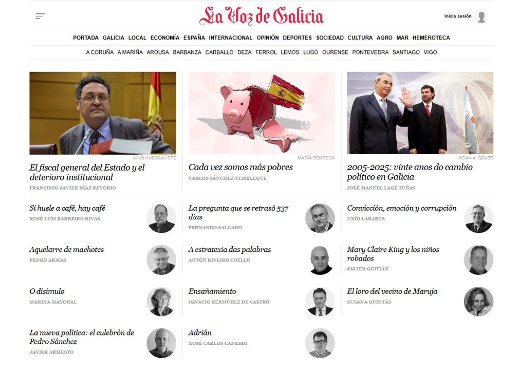 Portada de la sección de Opinión de La Voz de Galicia con el artículo ‘El loro del vecino de Maruja’ de Susana Quintás, que reflexiona con ingenio sobre el liderazgo empresarial y la transformación desde los consejos de administración