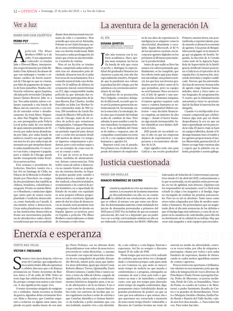 Página de periódico con el artículo “La aventura de la generación IA” escrito por Susana Quintás en La Voz de Galicia