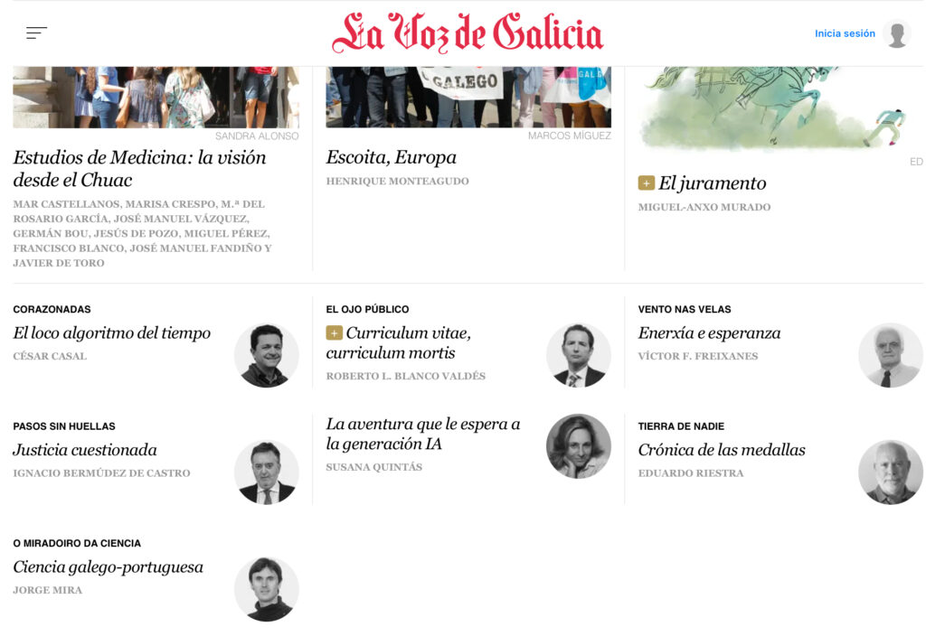 Captura de la portada digital de La Voz de Galicia con el artículo “La aventura que le espera a la generación IA” de Susana Quintás