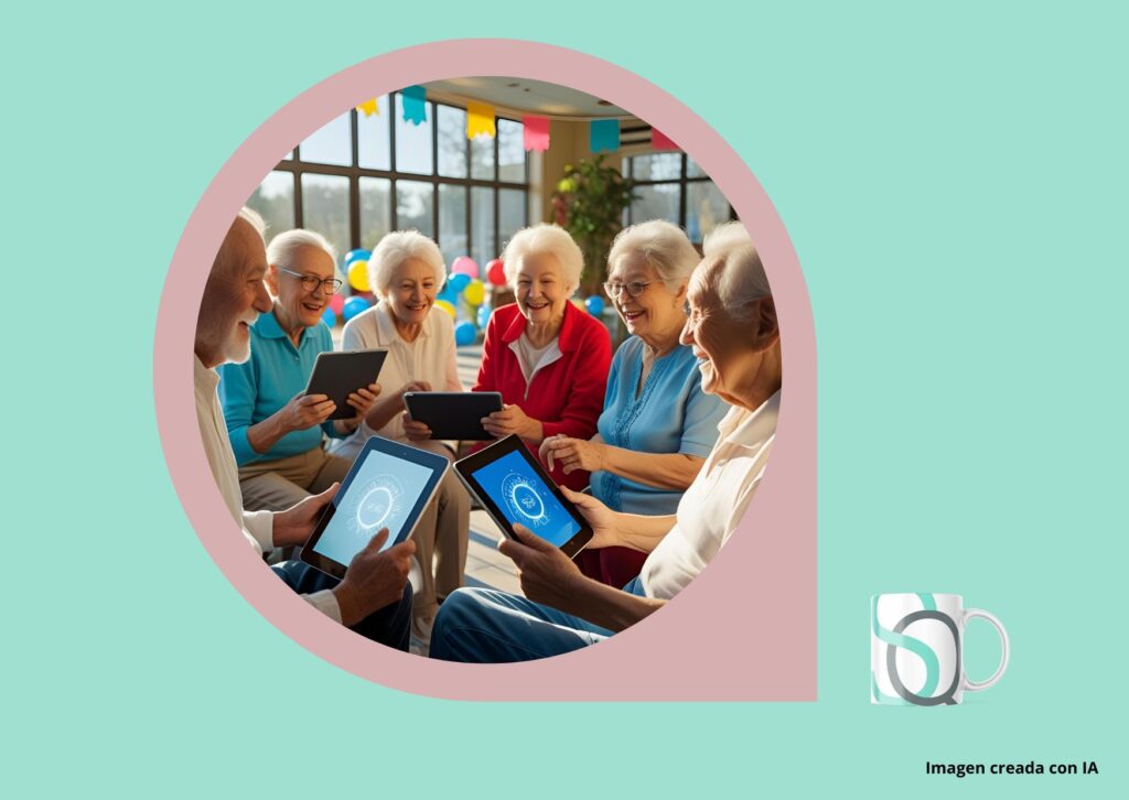 Grupo de personas mayores usando tabletas y asistentes virtuales en un entorno alegre, simbolizando la inclusión digital a través de la inteligencia artificial.