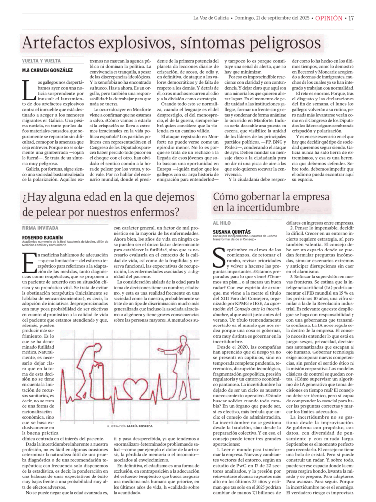 Página de Opinión del periódico La Voz de Galicia con varios artículos, incluido “Cómo gobernar la empresa en la incertidumbre”, sobre liderazgo empresarial.