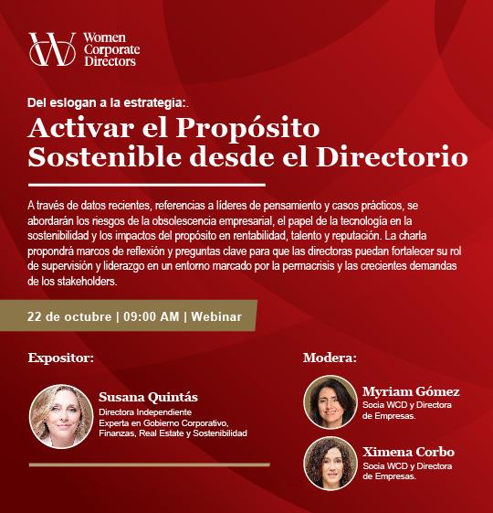 Webinar sobre cómo activar el propósito sostenible desde el directorio, con Susana Quintás y Women Corporate Directors.