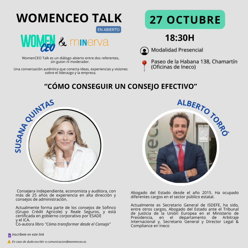 Cartel del evento WomenCEO Talk con Susana Quintas y Alberto Torró sobre cómo conseguir un consejo efectivo