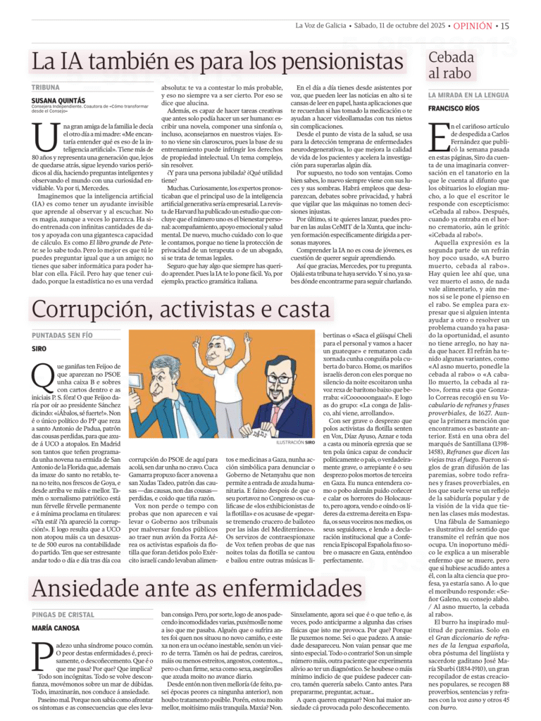 Tribuna de Susana Quintas en La Voz de Galicia sobre inteligencia artificial y personas mayores