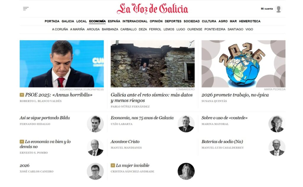 Artículo de Susana Quintás destacado en la portada digital de La Voz de Galicia con el título “2026 promete trabajo, no épica”.