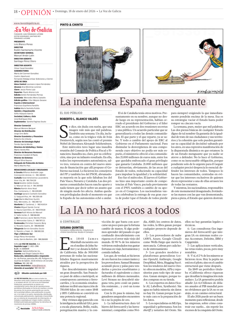 Página de Opinión del diario La Voz de Galicia con una viñeta política sobre Europa y un artículo de Susana Quintás sobre inteligencia artificial.