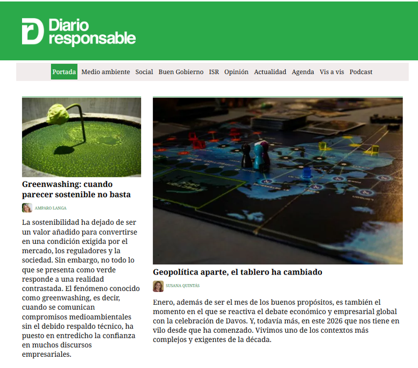 Portada del artículo “Geopolítica aparte, el tablero ha cambiado” de Diario Responsable con análisis sobre Davos, fragmentación global, cooperación selectiva y riesgos geopolíticos sistémicos.