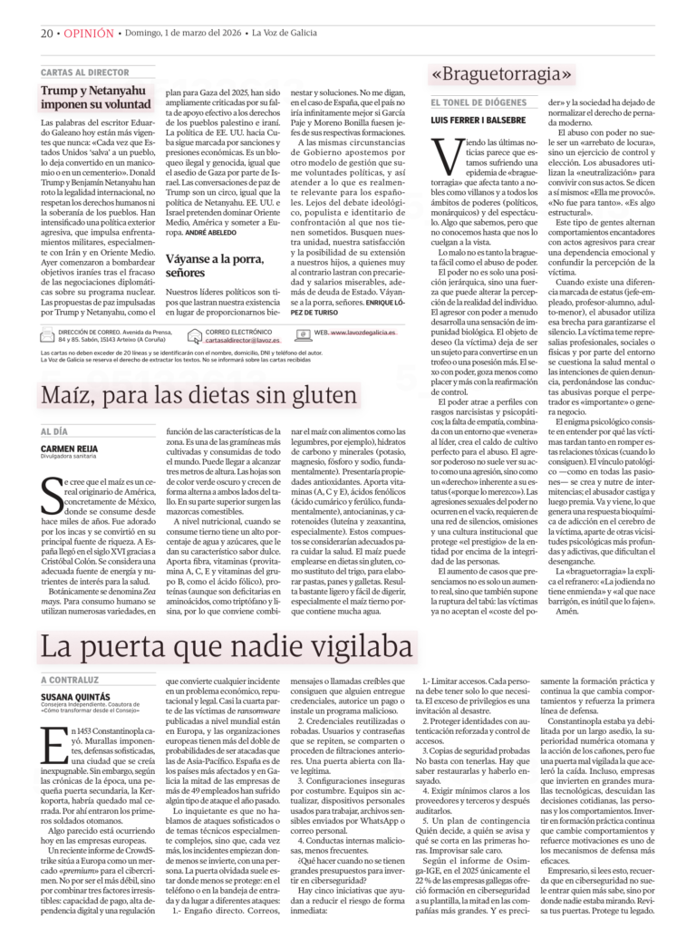 Página de opinión con la tribuna ‘La puerta que nadie vigilaba’ de Susana Quintás sobre ciberseguridad y riesgo de ransomware en empresas.