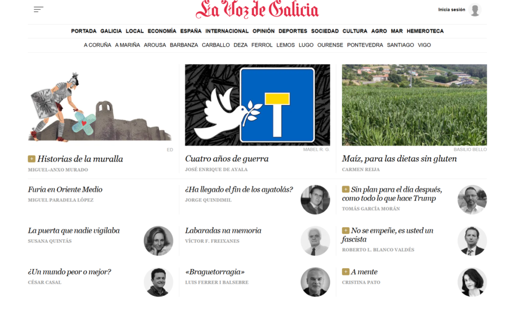 Captura de La Voz de Galicia en la sección Opinión donde aparece la tribuna ‘La puerta que nadie vigilaba’ de Susana Quintás