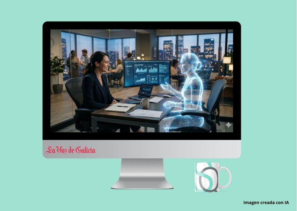 Profesional en una oficina trabajando junto a un compañero digital creado con inteligencia artificial