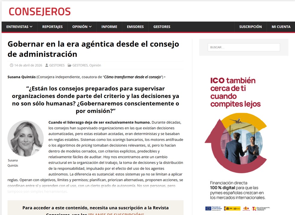 Susana Quintás en tribuna sobre IA agéntica y consejo de administración