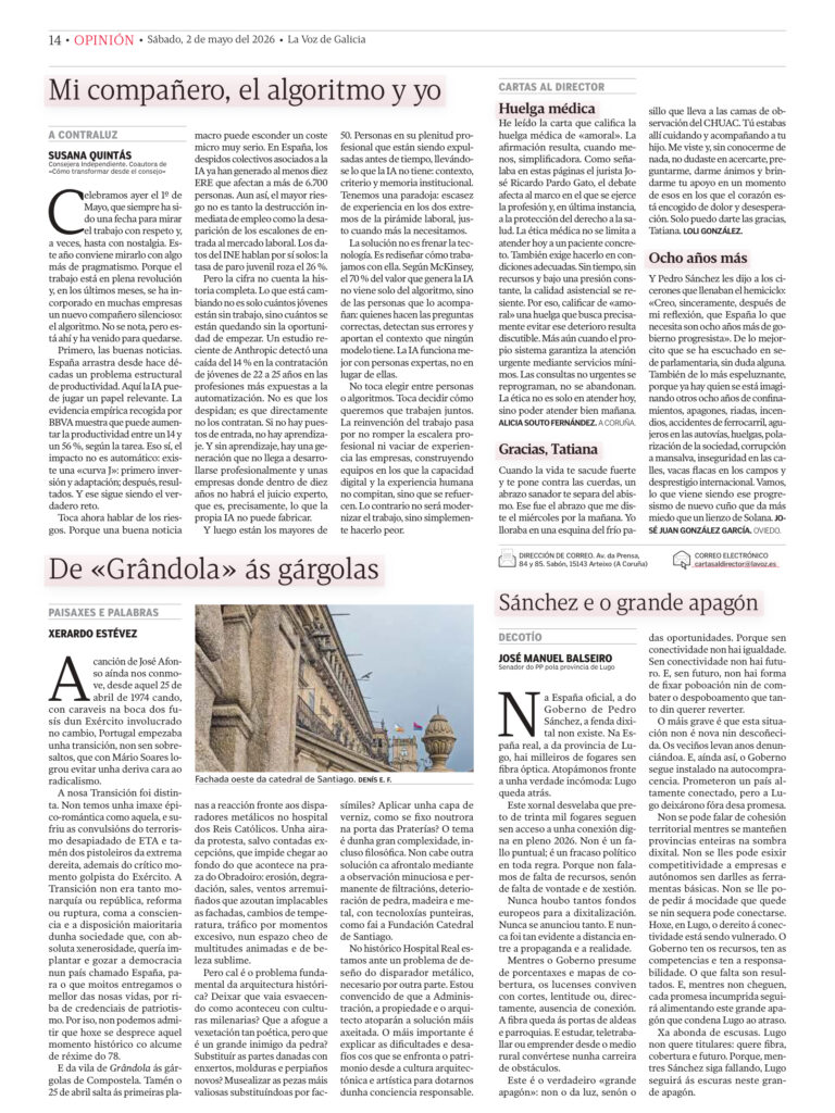 Susana Quintás en tribuna sobre inteligencia artificial en la empresa y su impacto en el gobierno corporativo publicada en prensa