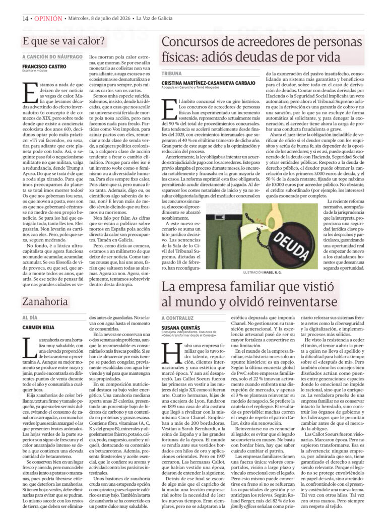Tribuna de Susana Quintás en La Voz de Galicia sobre empresa familiar, legado y reinvención