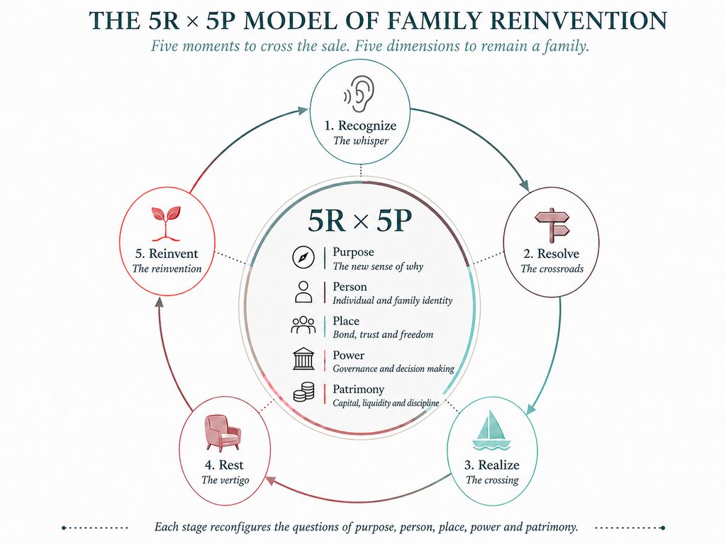 Modelo 5R × 5P de Susana Quintás que relaciona cinco etapas de la venta de la empresa familiar con cinco dimensiones de la transición.
