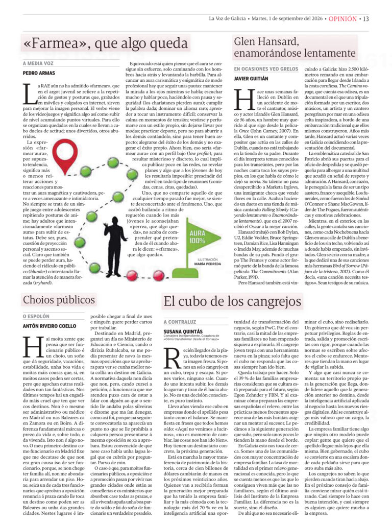 Tribuna de Susana Quintás en La Voz de Galicia titulada «El cubo de los cangrejos», sobre relevo generacional, empresa familiar e inteligencia artificial.