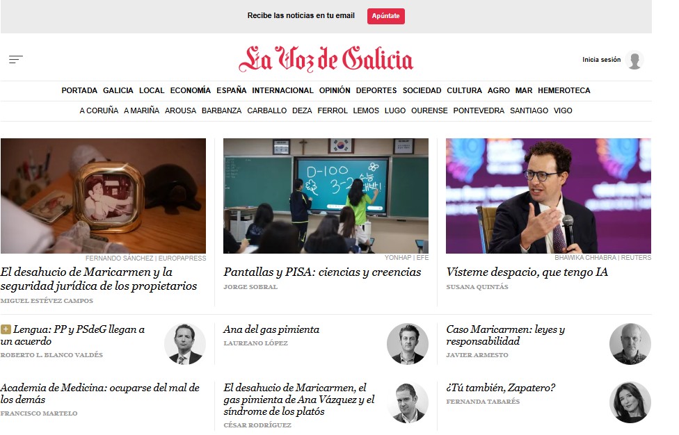 Portada digital de Opinión de La Voz de Galicia con la tribuna «Vísteme despacio, que tengo IA», de Susana Quintás.