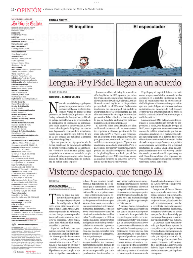 Tribuna «Vísteme despacio, que tengo IA», de Susana Quintás, publicada en La Voz de Galicia sobre inteligencia artificial, supervisión y gobierno empresarial.