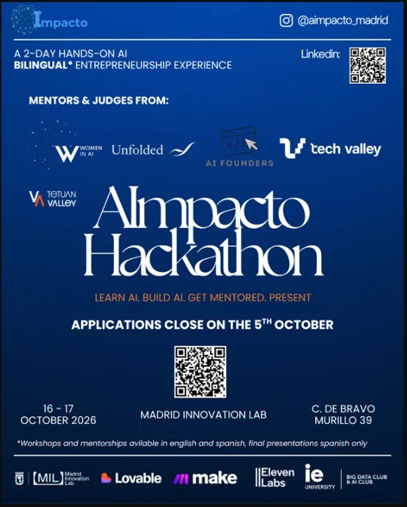Cartel del AImpacto Hackathon 2026 en Madrid Innovation Lab, con Susana Quintás como miembro del jurado